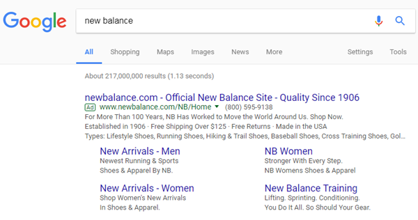 example serp for branded keywords showing quality score