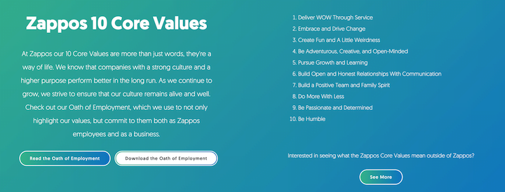 example of more than 10 company core values by zappos